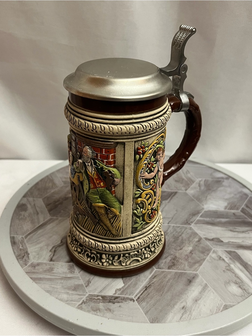 Vintage Gerz West Germany Beer Stein Pewter Lid Tavern Cherub Relief 8.5”